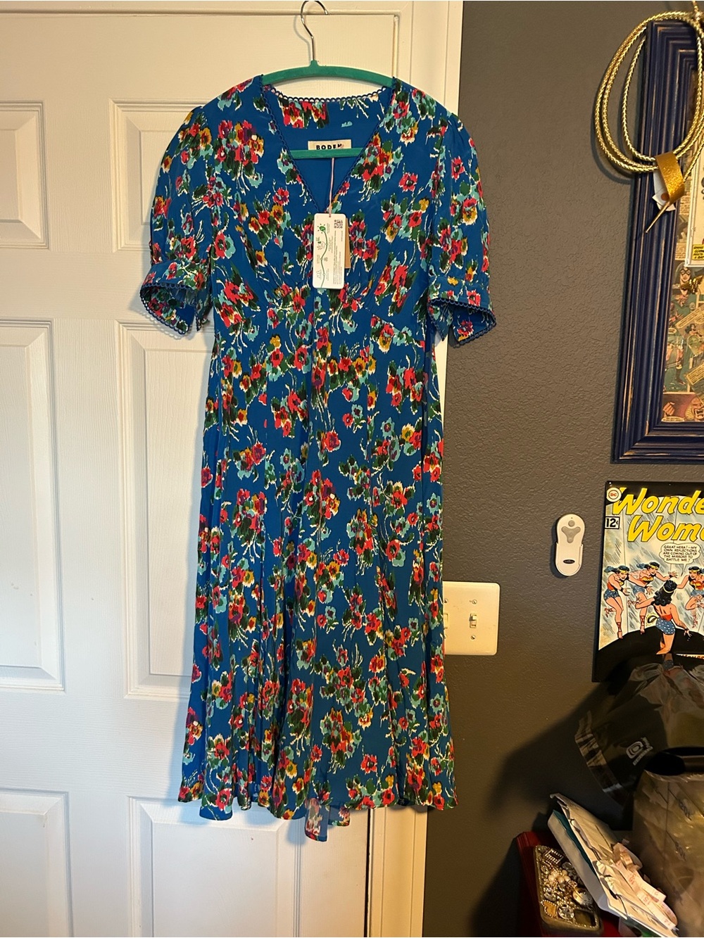 NWT Boden Blue Floral-Print Dress with Red & Green Accents